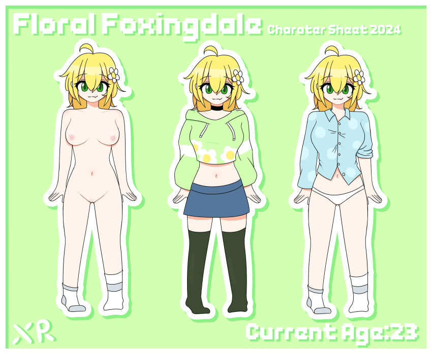 blonde_hair breasts character_sheet choker cropped_hoodie floral_foxingdale flower_in_hair green_background green_eyes imxr24 mismatched_legwear naked nude original_character pussy shirt skirt thighhighs white_outline white_panties