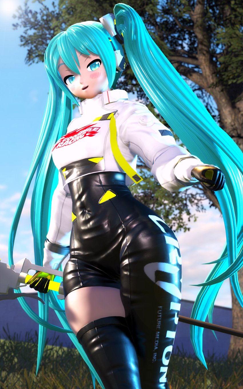 3d blue_eyes blue_hair blush bodysuit breasts clothed hatsune_miku jumper looking_at_viewer mikou_39 pov racing_miku thick_thighs twintails vocaloid