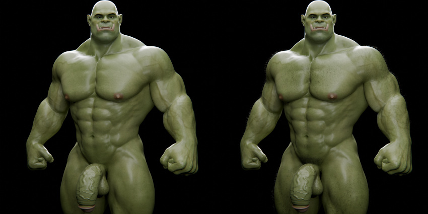 3d_(artwork) abs absurd_res balls digital_media_(artwork) duo fangs genitals green_body green_skin hairy hi_res humanoid humanoid_pointy_ears male muscular muscular_humanoid muscular_male nipples not_furry orc orc_male pecs penis teeth vein veiny_penis voluox