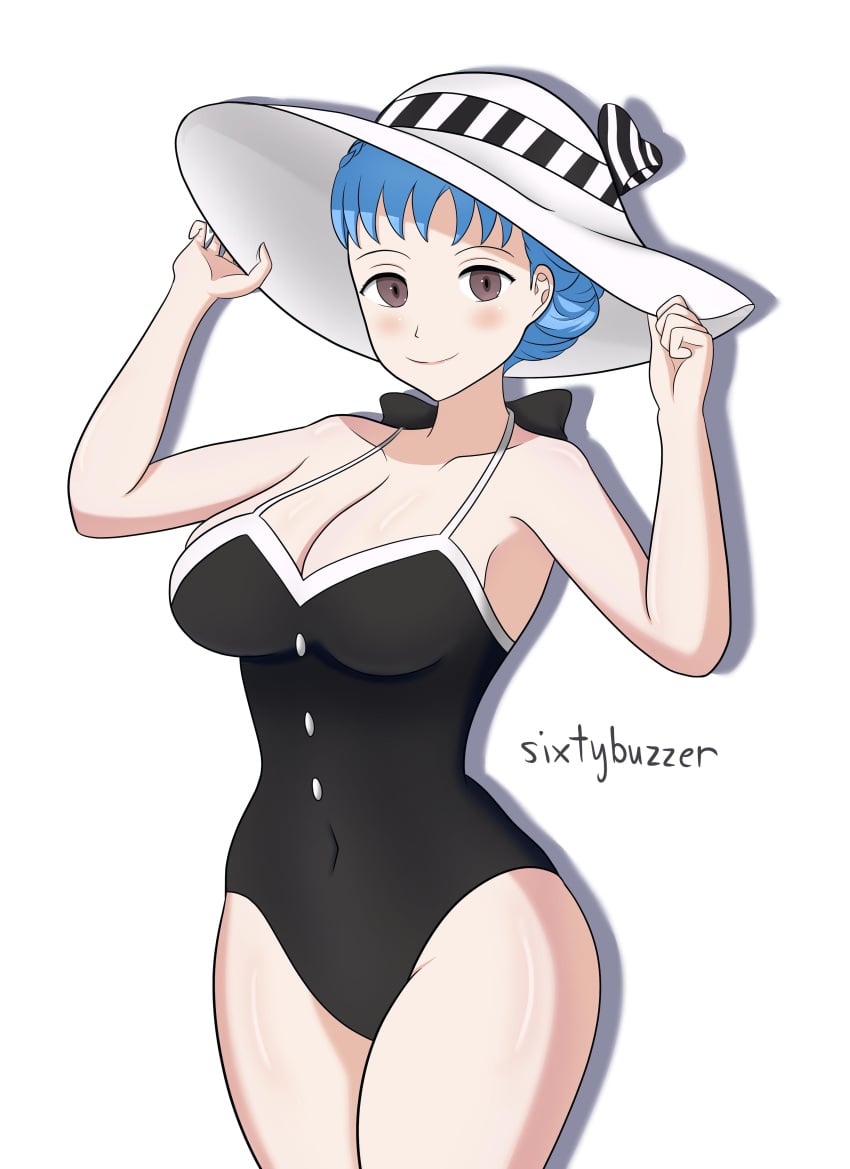 1girls alternate_costume atlus black_one-piece_swimsuit black_swimsuit blue_hair breasts cleavage cosplay crossover female female_only fire_emblem fire_emblem:_three_houses haru_okumura_(cosplay) large_breasts marianne_von_edmund nintendo one-piece_swimsuit persona persona_5 sixtybuzzer smile solo swimsuit