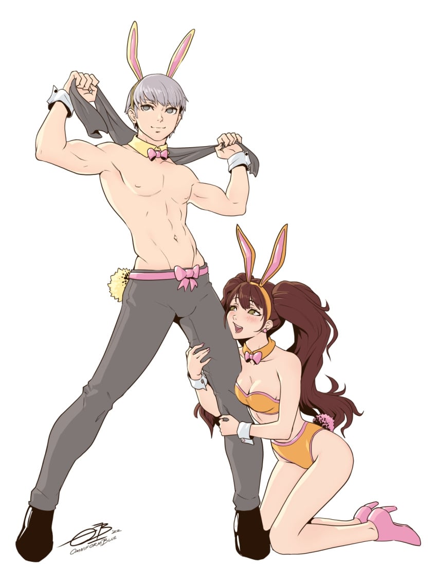 1boy 1girls admiring alternate_costume aroused aroused_female aroused_smile atlus bikini brown_hair bunny_boy bunny_ears bunny_girl bunny_tail bunnysuit choker grey_hair heart-shaped_pupils hugging_legs kneeling kujikawa_rise megami_tensei narukami_yu omniformblue persona persona_4 sega shirtless shirtless_male source_request submissive_female twintails