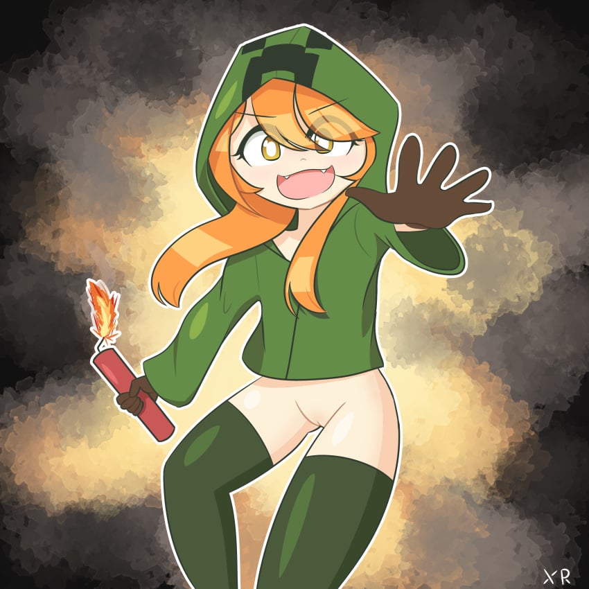 bottomless creeper creeper_(minecraft) cuntboy cupa cute dynamite explosion feminine feminine_body feminine_cuntboy feminine_intersex feminine_pose ginger_hair girly gloves hoodie imxr24 minecraft mob_talker open_mouth pussy thighhighs