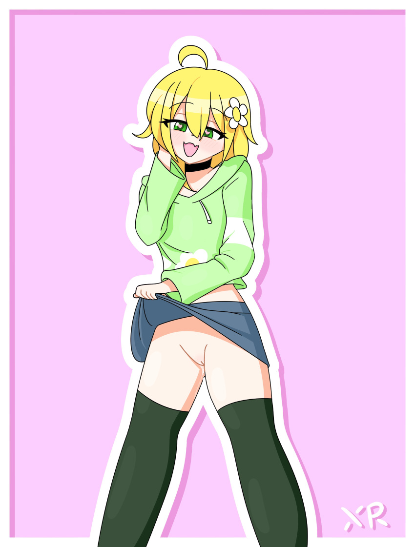 blonde_hair choker cropped_hoodie floral_foxingdale flower_in_hair green_eyes heart-shaped_pupils imxr24 original_character pink_background pussy pussy_juice skirt_lift thigh_highs white_outline