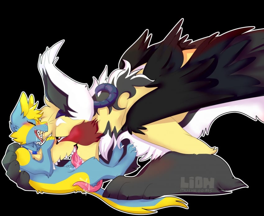 acreep ambiguous_gender black_background blue_fur blush closed_eyes dragon drooling feline fluffy fur horn licking mammal saliva simple_background size_difference tongue tongue_out wings yellow_fur