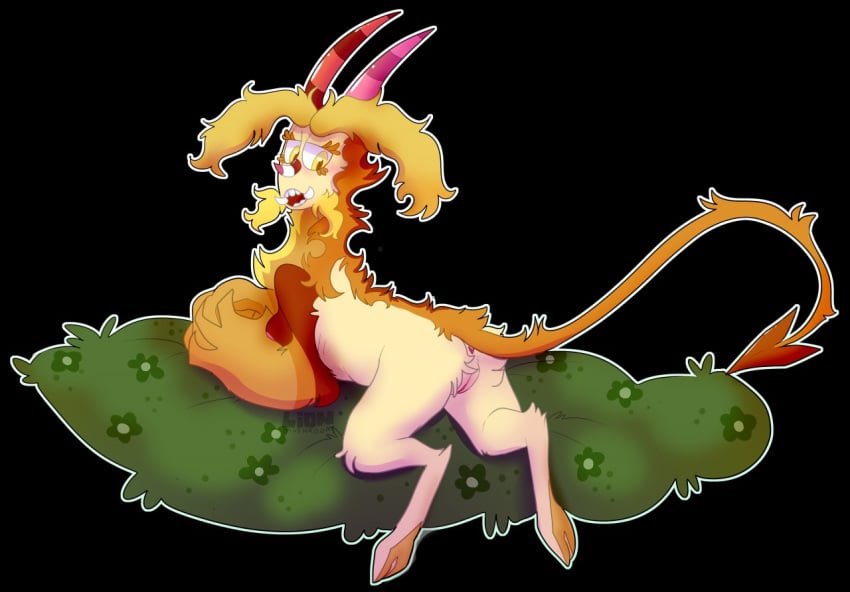 acreep anus caprine demon female flower fur grass hooves horn mammal orange_fur pillow plant pussy red_fur simple_background soft solo spade_tail teasing tusks watermark white_fur yellow_eyes yellow_fur