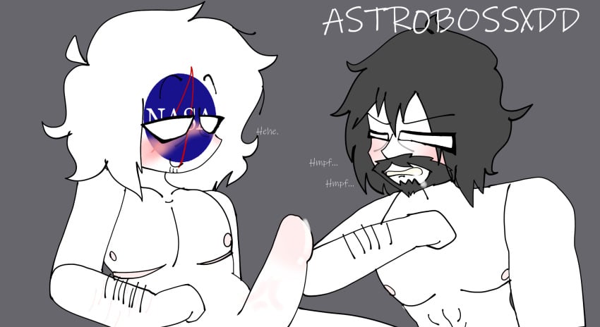 2boys after_sex beard black_hair blowjob blush body_hair cum cum_in_mouth dick gay giggling houston_(solarballs) male/male male_only men messy_hair nasadude_(solarballs) scars scars_on_chest solarballs toony toony_face watermark white_hair white_skin yaoi