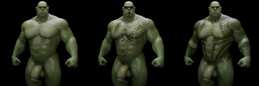 3d_(artwork) absurd_res balls digital_media_(artwork) fangs genitals green_body green_skin group hi_res humanoid humanoid_pointy_ears male markings musclegut muscular muscular_humanoid muscular_male nipples not_furry orc orc_male pecs penis tattoo teeth trio vein veiny_penis voluox