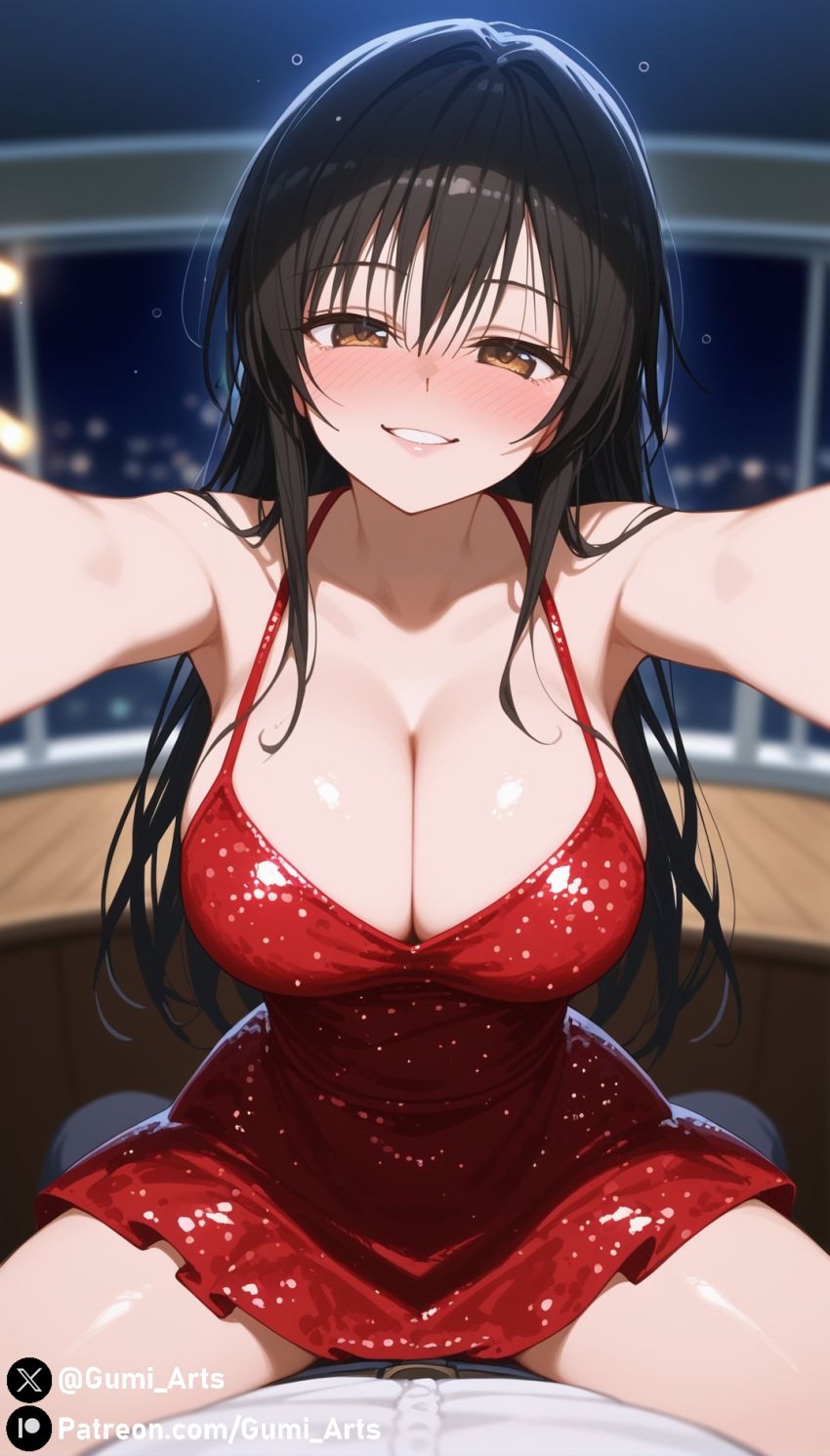 ai_generated black_hair blush brown_eyes cleavage clothing cowgirl_position dress drunk gumi_arts kotegawa_yui large_breasts naughty_face outstretched_arms pov sitting_on_lap stable_diffusion thighs to_love-ru