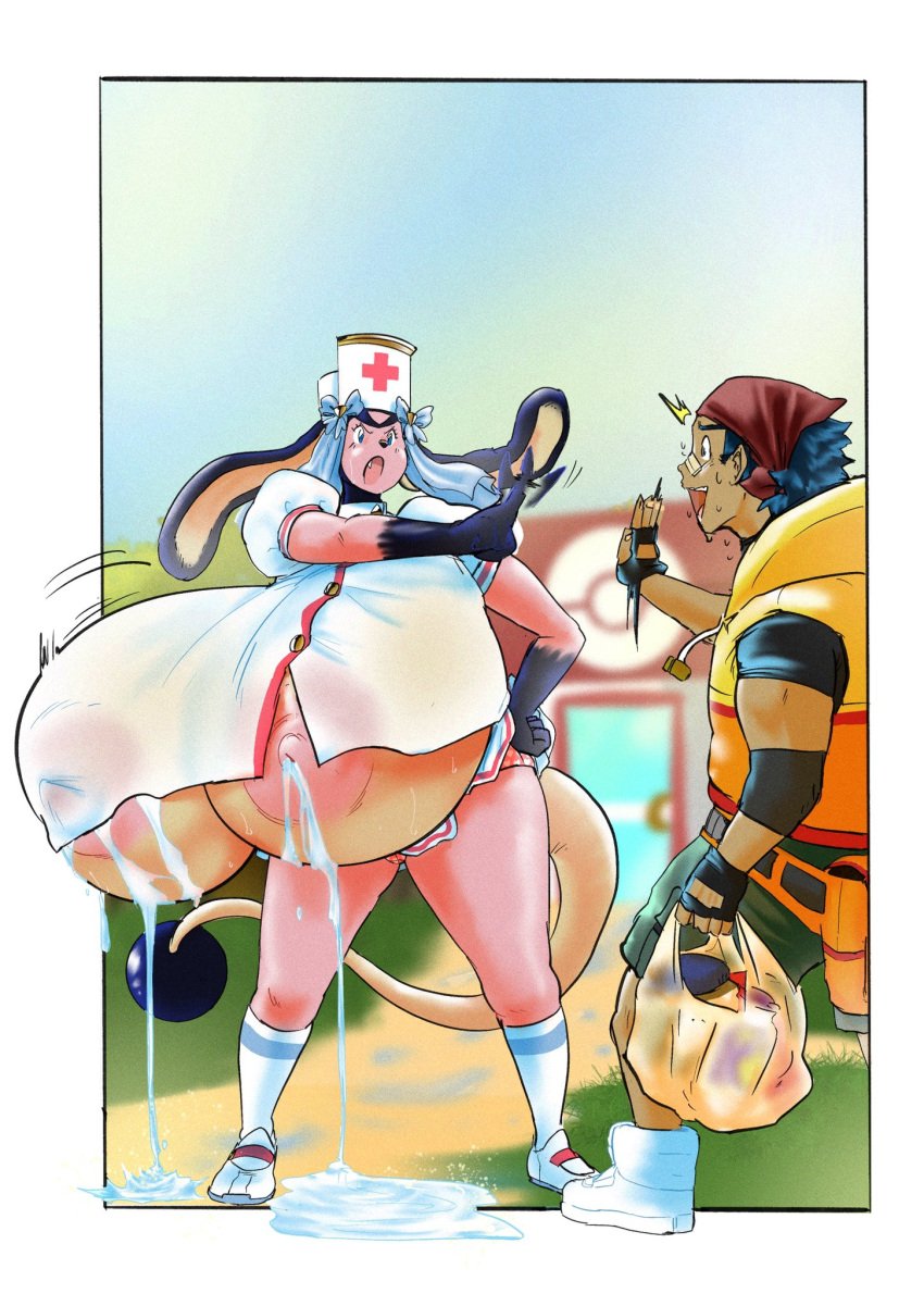 1boy 1girls anthro breasts female gigantic_breasts hyper_breasts lactation miltank nurse_uniform pokemon pokemon_(species) rchammer