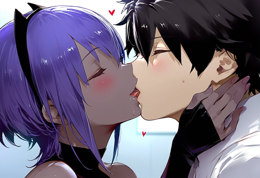 1boy ai_generated black_hair blush closed_eyes dark-skinned_female drool drooling fate/grand_order fate_(series) female french_kiss french_kissing fujimaru_ritsuka_(male) grey_skin hairband hand_on_another's_face happy hassan_of_serenity_(fate) heart kissing kissing love purple_hair saliva smile