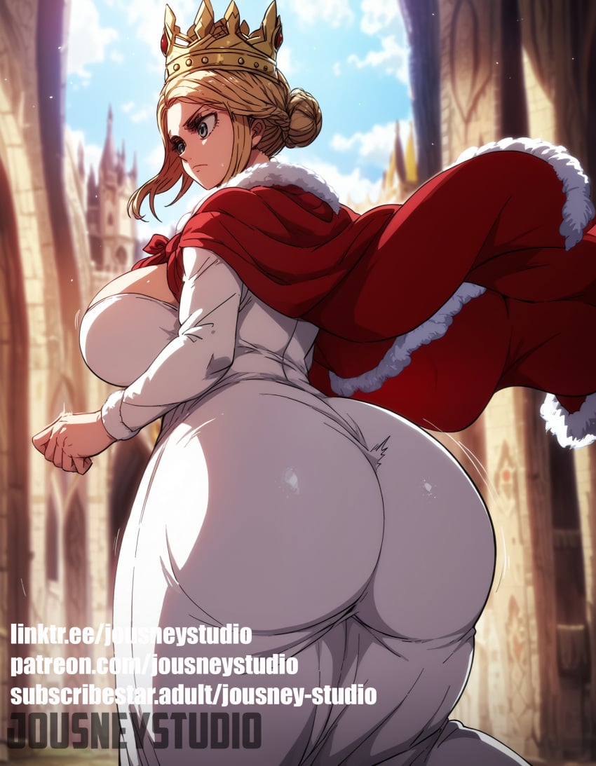 1girls ai_generated artist_name ass attack_on_titan blonde_hair blue_eyes blue_sky braid braided_bun breasts cape clothing crown curvaceous dress english_text female female_only from_behind fur-trimmed_cape fur_trim green_eyes hair_bun hat headwear historia_reiss huge_ass huge_breasts jousneystudio large_breasts long_hair looking_at_viewer looking_back mature_female outdoors queen royal royalty shingeki_no_kyojin short_hair sidelocks single_hair_bun sky smile solo thick_thighs thighs tied_hair white_dress wide_hips