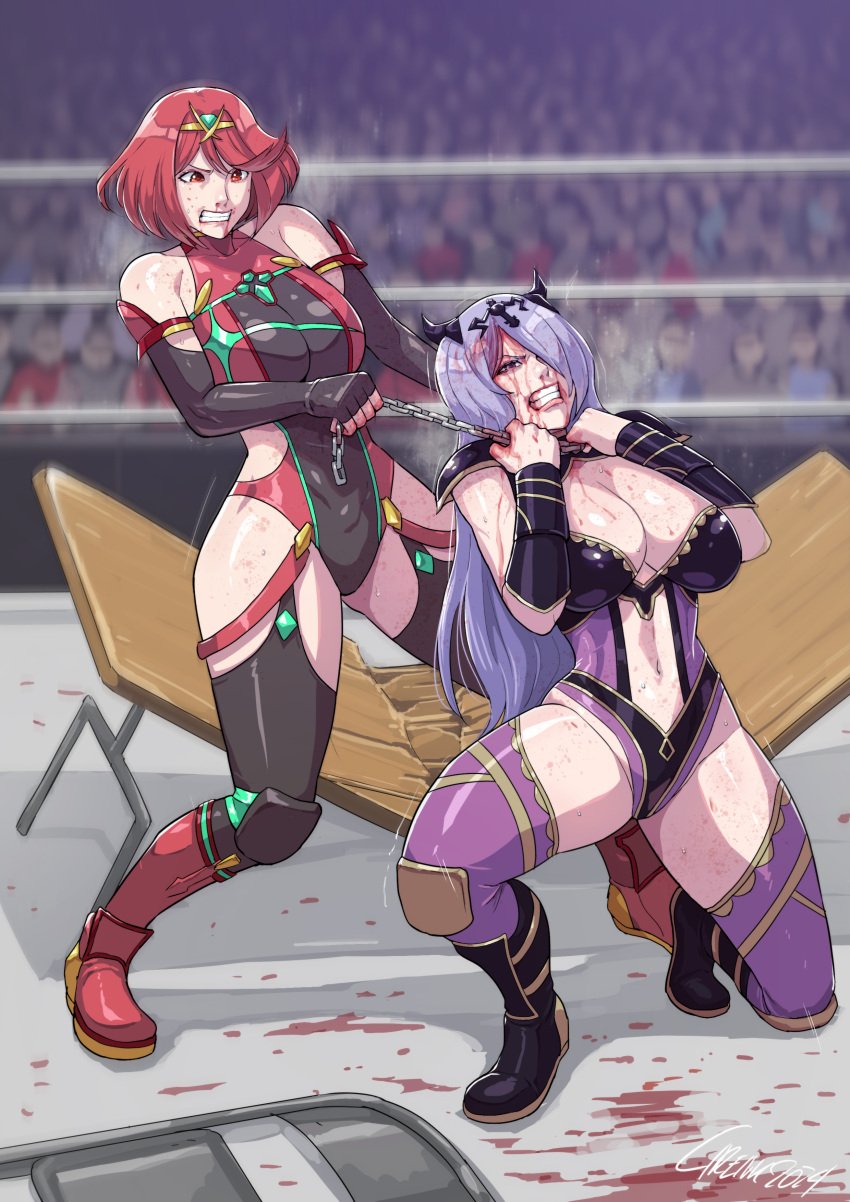 2girls absurdres armor blood bob_cut breasts camilla_(fire_emblem) catfight chains chest_jewel choking cirenk cleavage commission female femdom femsub fight fire_emblem fire_emblem_fates headpiece highres large_breasts leotard multiple_girls nintendo purple_hair pyra_(xenoblade) red_hair ryona submission_hold sweat swept_bangs thighhighs tiara wrestler wrestling wrestling_boots wrestling_outfit wrestling_ring xenoblade_(series) xenoblade_chronicles_(series) xenoblade_chronicles_2