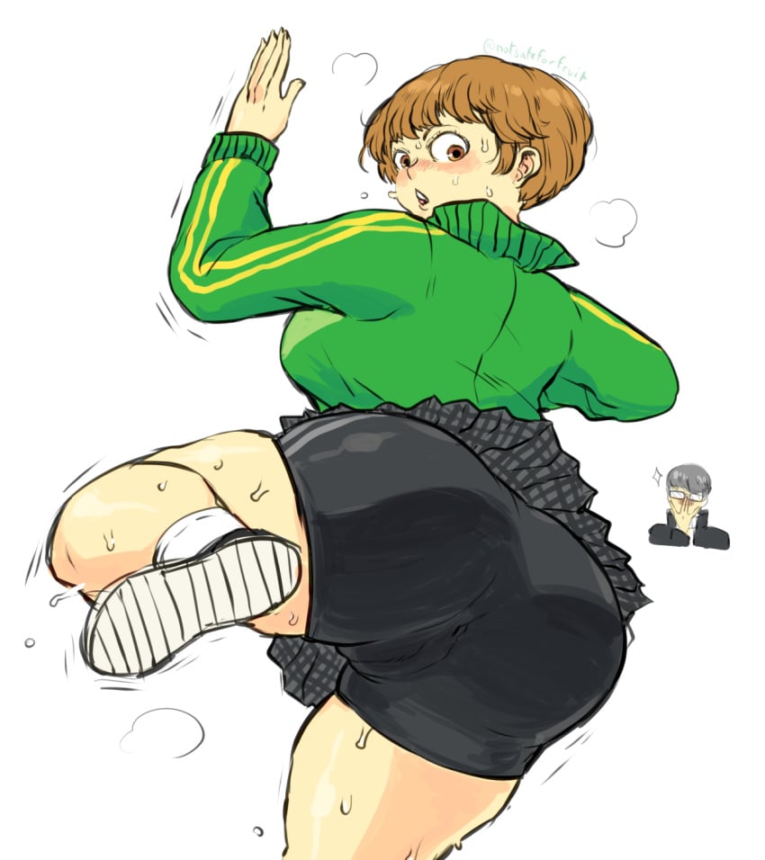 1boy anus ass bike_shorts blush bottomwear brown_eyes clothing curvy female hips huge_ass human legs looking_back narukami_yu notsafeforfruit open_mouth persona persona_4 satonaka_chie short_hair short_skirt shorts skirt sportswear thick_thighs thighs wide_hips