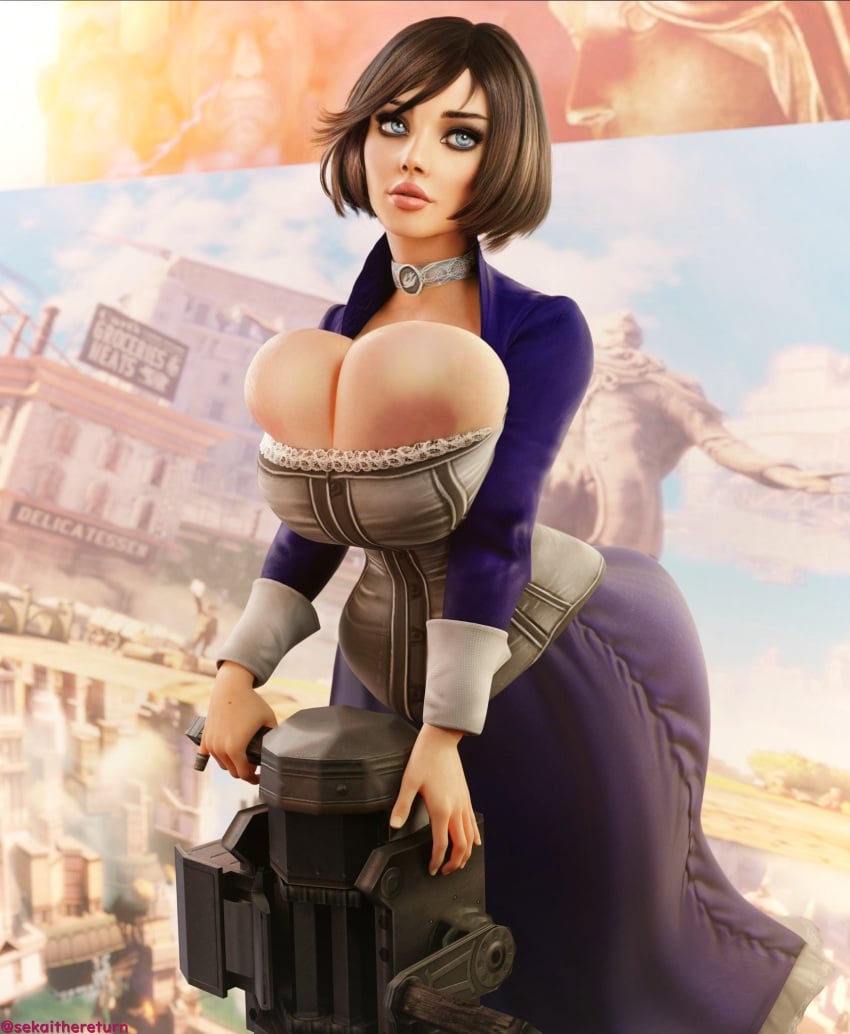 3d areola_slip areolae bending_forward big_breasts bioshock bioshock_infinite blue_eyes bolero breasts brown_hair busty choker cleavage corset elizabeth_comstock female female_focus female_only hanging_breasts high_heels hourglass_figure huge_breasts large_breasts makeup overflowing_breasts pinup pinup_pose sekaithereturn short_hair skirt tagme wide_hips