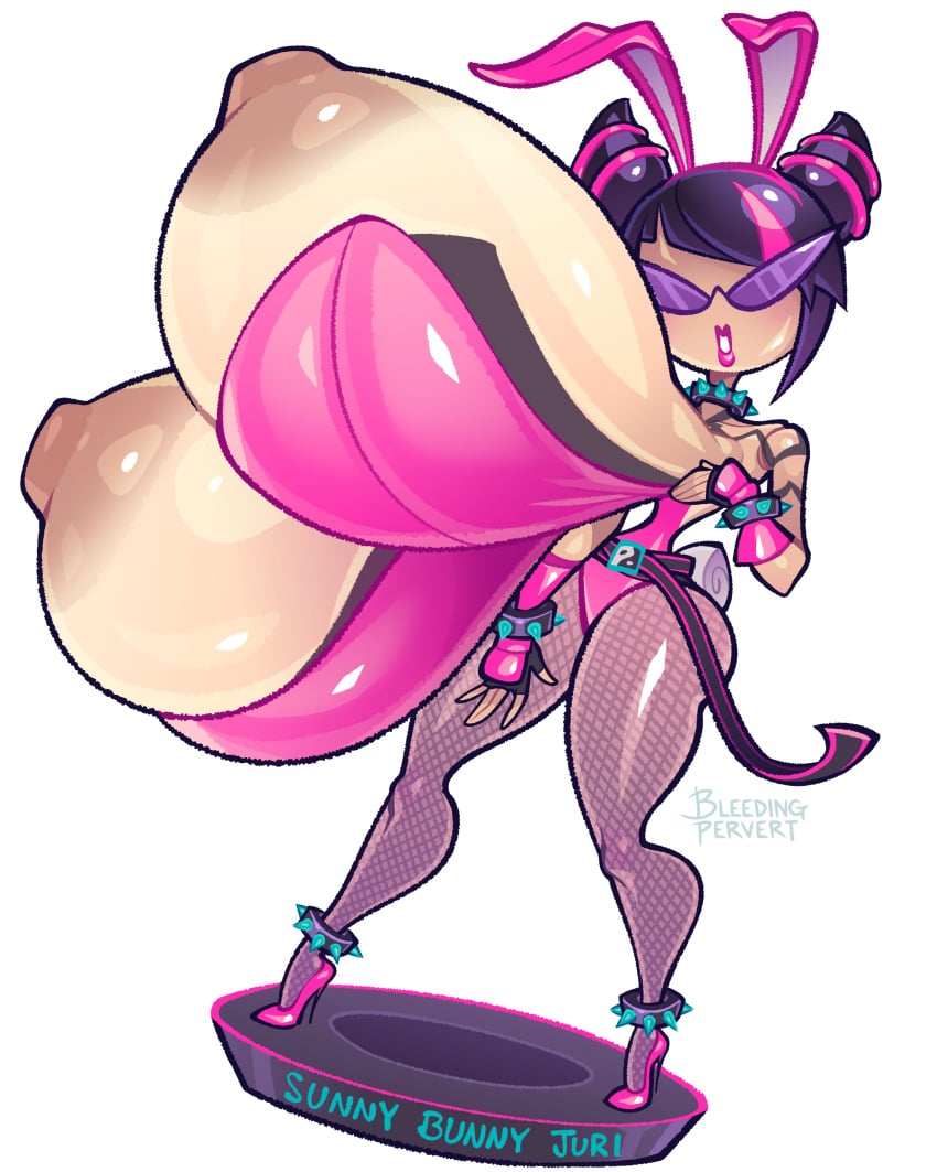 1girls bare_shoulders big_breasts black_hair bleedingpervert blue_eyes blush bow breasts bunny_ears bunnysuit busty capcom cleavage clothed clothing detached_collar fake_animal_ears fake_bunny_ears female juri_han knick_knack korean large_breasts light-skinned_female light_skin looking_at_viewer multicolored_hair purple_bunnysuit purple_clothing purple_eyes purple_hair sharp_teeth solo solo_female street_fighter street_fighter_6 thick_thighs thighs two_tone_hair
