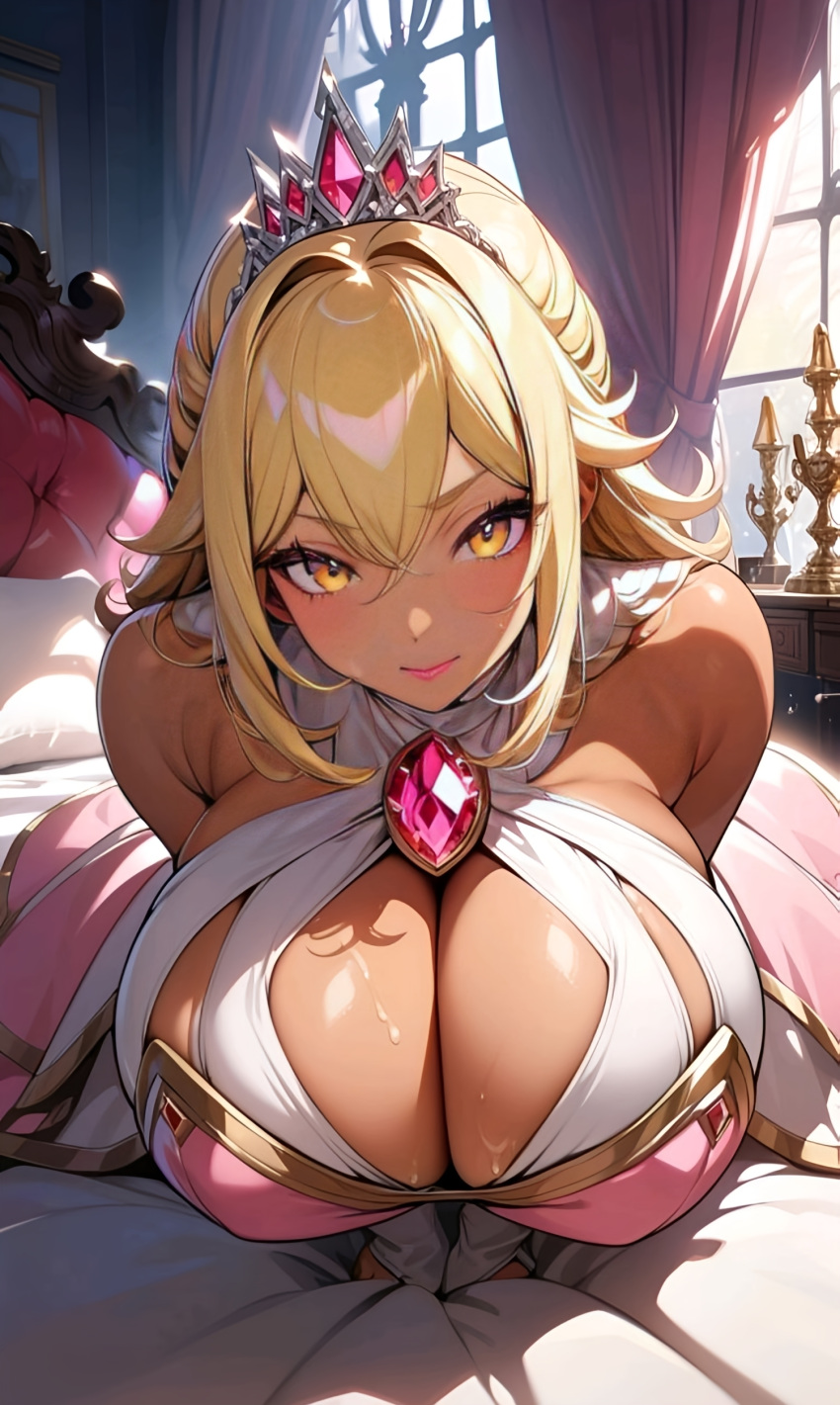 ai_generated bed big_breasts breasts crown cum cum_on_body cum_on_breasts gyaru huge_breasts large_breasts looking_at_viewer myaim original_character princess sweat tagme tan tan-skinned_female tan_body tan_skin