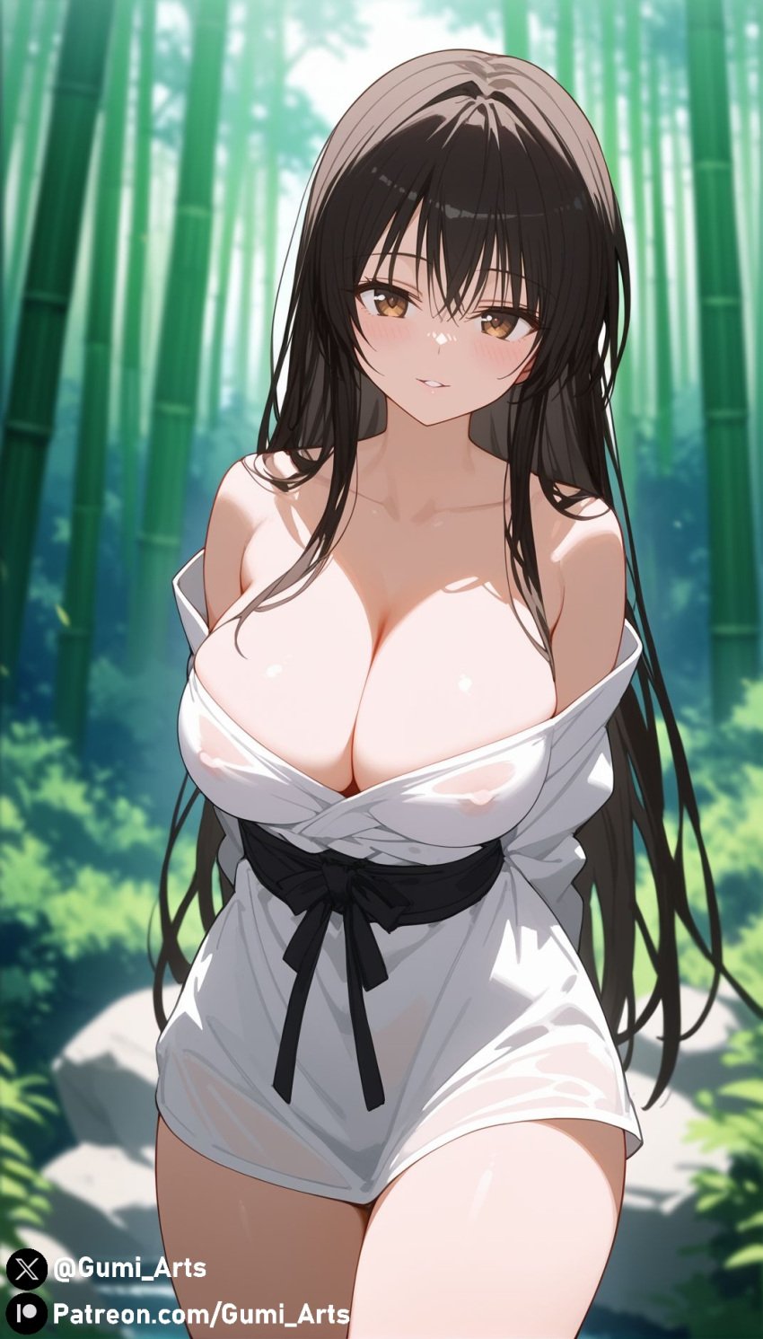 ai_generated bamboo_forest black_hair brown_eyes cleavage covered_nipples gumi_arts kotegawa_yui large_breasts naughty_face off_shoulder outdoors parted_lips revealing_clothes stable_diffusion thick_thighs to_love-ru