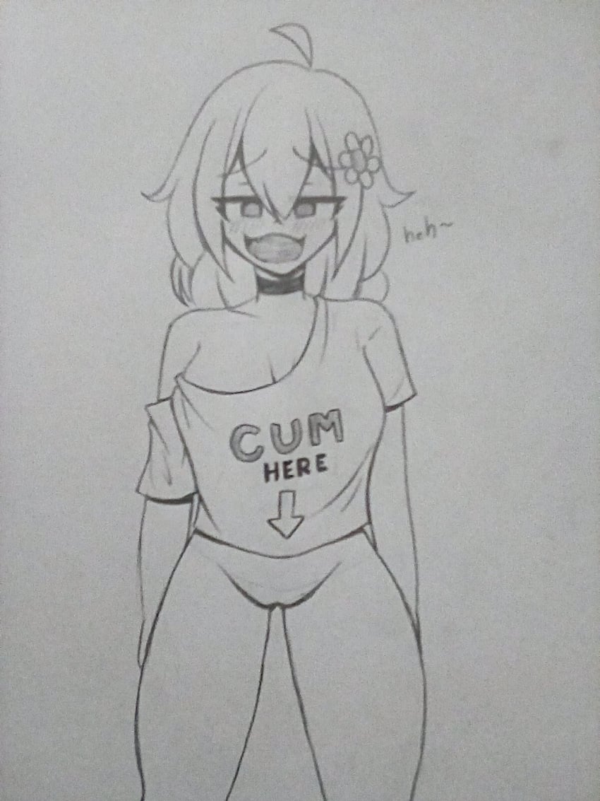 choker floral_foxingdale flower_in_hair imxr24 large_breasts original_character pussy shirt_only smug traditional_media_(artwork)