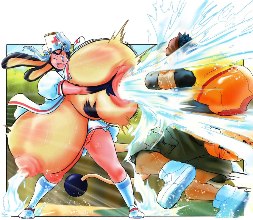 1boy 1girls anthro breasts female gigantic_breasts hyper_breasts lactation male milking_self miltank nurse_uniform pokemon pokemon_(species) projectile_lactation rchammer