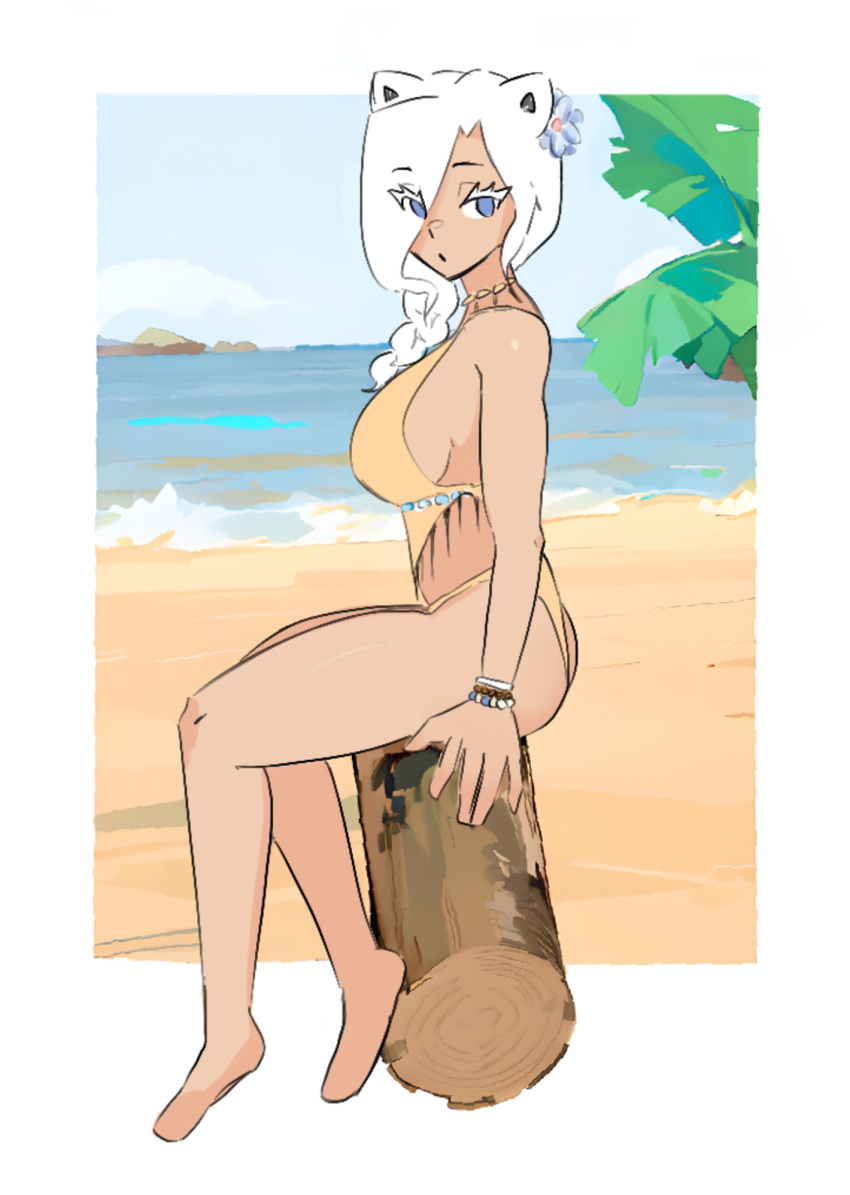 1girls bagelfree beach blue_eyes braid braided_hair breasts female full_body keo(bagelfree) outdoors sitting white_hair