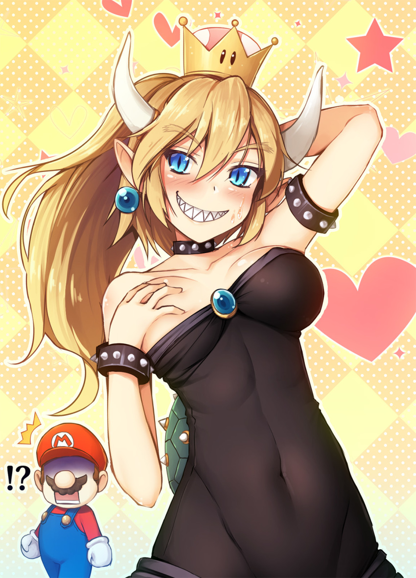 ! 1boy 1girls ? abs big_breasts black_leotard blonde_hair blue_eyes blush bowsette breast_outside breast_squeeze breasts chima_q erect_nipples genderswap heart horns human jewelry leotard mario mario_(series) navel new_super_mario_bros._u_deluxe nintendo sharp_teeth smile spiked_collar super_crown super_mario_bros.