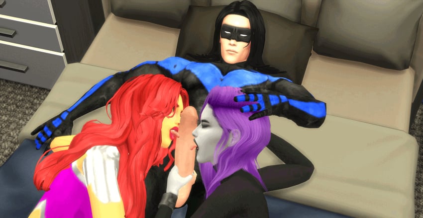 1boy 2girls 3d animated dc dc_comics dick_grayson female koriand'r licking_penis long_hair male multiple_girls nightwing oral pale-skinned_male penis pof3445 rachel_roth raven_(dc) starfire teen_titans the_sims the_sims_4 threesome