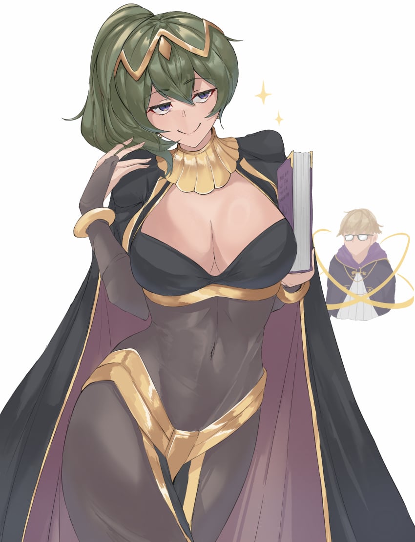 1boy 1girls alternate_costume bodystocking breasts calmgreentori cleavage cosplay crossover female female_focus fire_emblem fire_emblem_awakening green_hair land_(sousou_no_frieren) large_breasts male nintendo ponytail robin_(fire_emblem)_(cosplay) short_hair solo_focus sousou_no_frieren tharja_(fire_emblem)_(cosplay) ubel_(sousou_no_frieren)