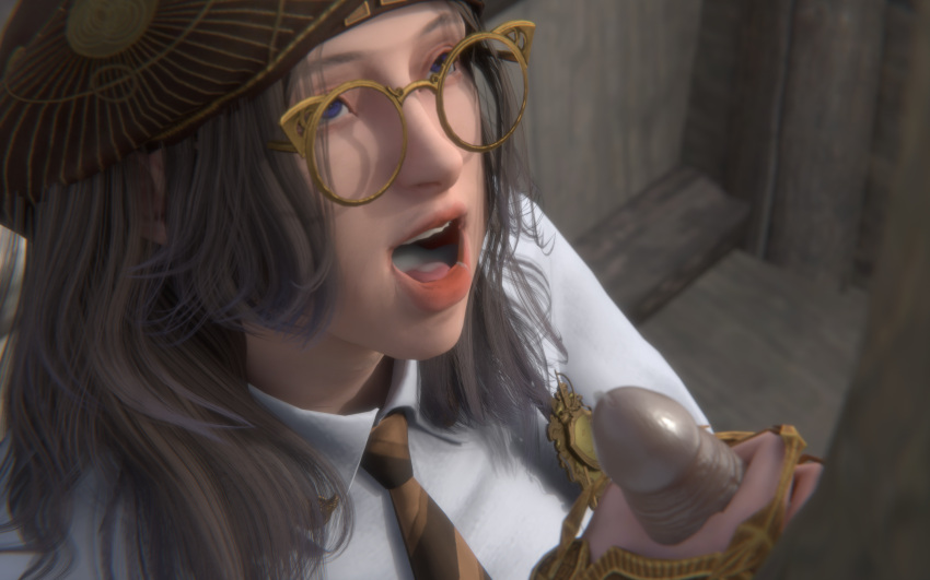 1girls 3d after_oral bdo black_desert black_desert_online blender brown_hair cabbie_hat collared_shirt cum cum_in_mouth cum_on_lips cum_on_penis cum_on_tongue female_focus glasses holding_penis male_out_of_frame notablyfishy open_mouth oral_creampie purple_highlights scholar_(black_desert) showing_cum tie violet_eyes