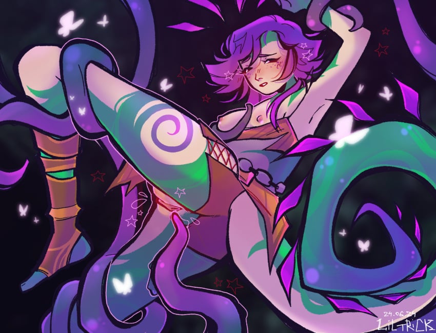 1girls blue_hair breasts clothing_cutout clothing_damage clothing_lift dark_background female female_penetrated league_of_legends league_of_legends:_wild_rift lizard looking_to_the_side neeko nude open_mouth pussy short_hair solo tail tentacle tentacle_rape