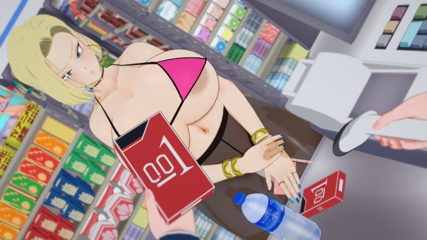 1girl 3d android_18 bad_tag bikini bitch blonde_hair blue_eyes breasts dragon_ball dragon_ball_super earrings female_pervert hooker jewelry large nude ornament ornaments pantyhose pervert pervert_female pink_bikini prostitute prostitution public_indecency sex_invitation sexually_suggestive supermarket swimsuit