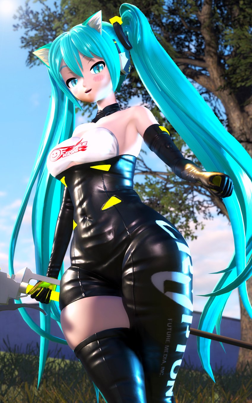 3d big_breasts blue_eyes blue_hair blush bodysuit cat_ears cat_eyes clothed hatsune_miku long_gloves looking_at_viewer mikou_39 pov racing_miku thick_thighs twintails vocaloid