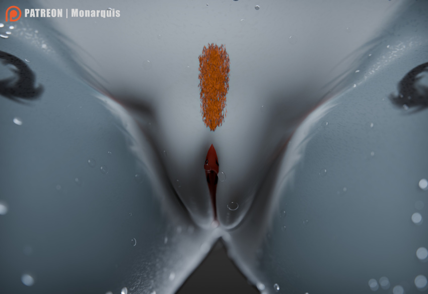 3d_(artwork) absurd_res anthro bathroom close-up crotch_shot depth_of_field digital_media_(artwork) felid female focused fur genital_focus genitals grey_body grey_fur hair hi_res low-angle_view mammal momo_(monarquis) monarquis nude pantherine pubes pussy pussy_focus red_hair shower snow_leopard solo water wet wet_body