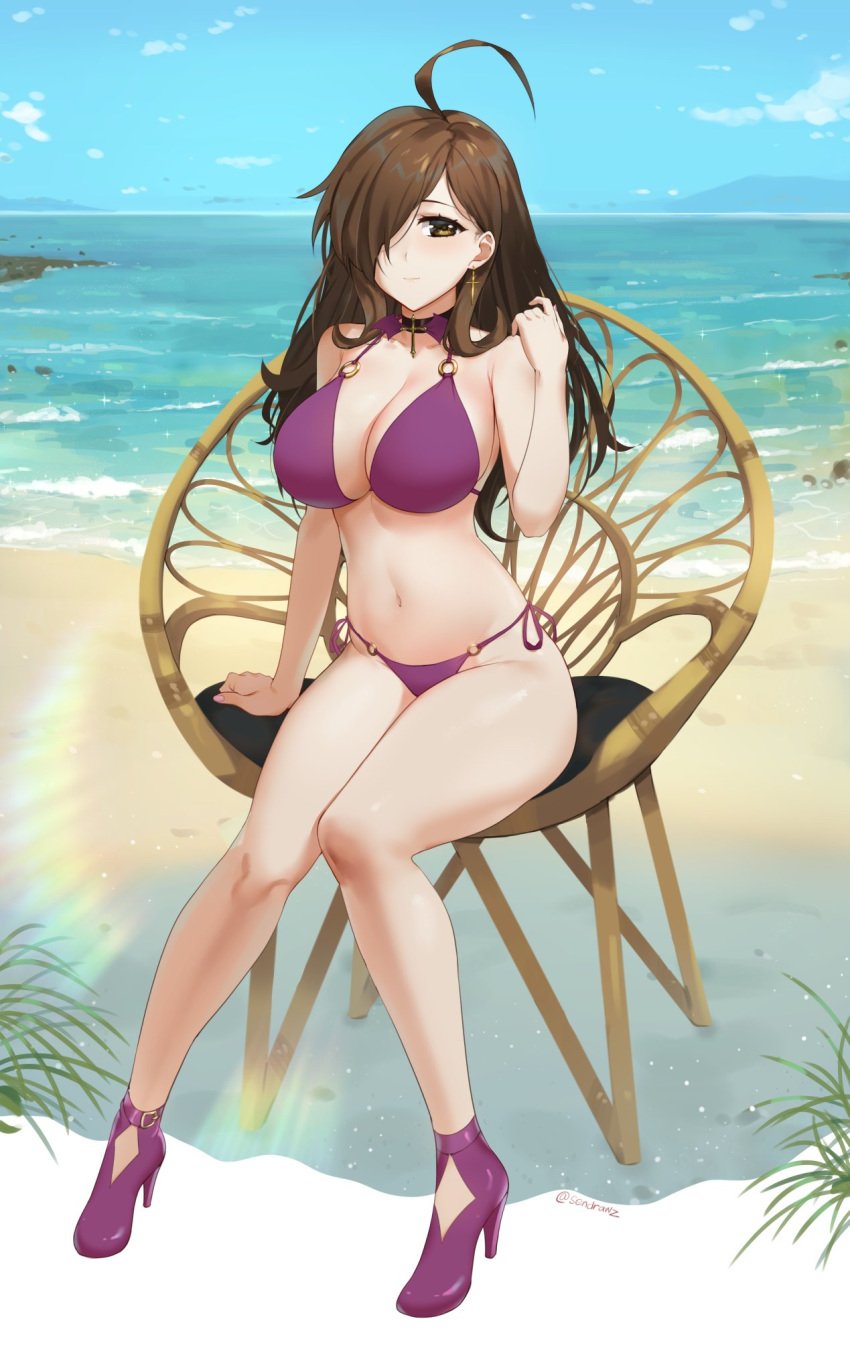 1girls absurdres ahoge bare_arms bare_legs bare_shoulders bat_wings beach bikini black_choker blue_sky blush breasts brown_eyes brown_hair chair choker cleavage cloud cloudy_sky collarbone cross cross_choker cross_earrings day earrings female female_only full_body hair_over_one_eye half-closed_eye hand_up heels high_heels highres hip_focus horizon huge_ahoge jewelry knees_together_feet_apart kono_subarashii_sekai_ni_shukufuku_wo! large_breasts latin_cross legs light_blush long_hair looking_at_viewer messy_hair navel o-ring o-ring_bikini ocean outdoors purple_bikini sendrawz side-tie_bikini_bottom sitting sky smile solo swimsuit tareme thighs waves wide_hips wings wiz_(konosuba)