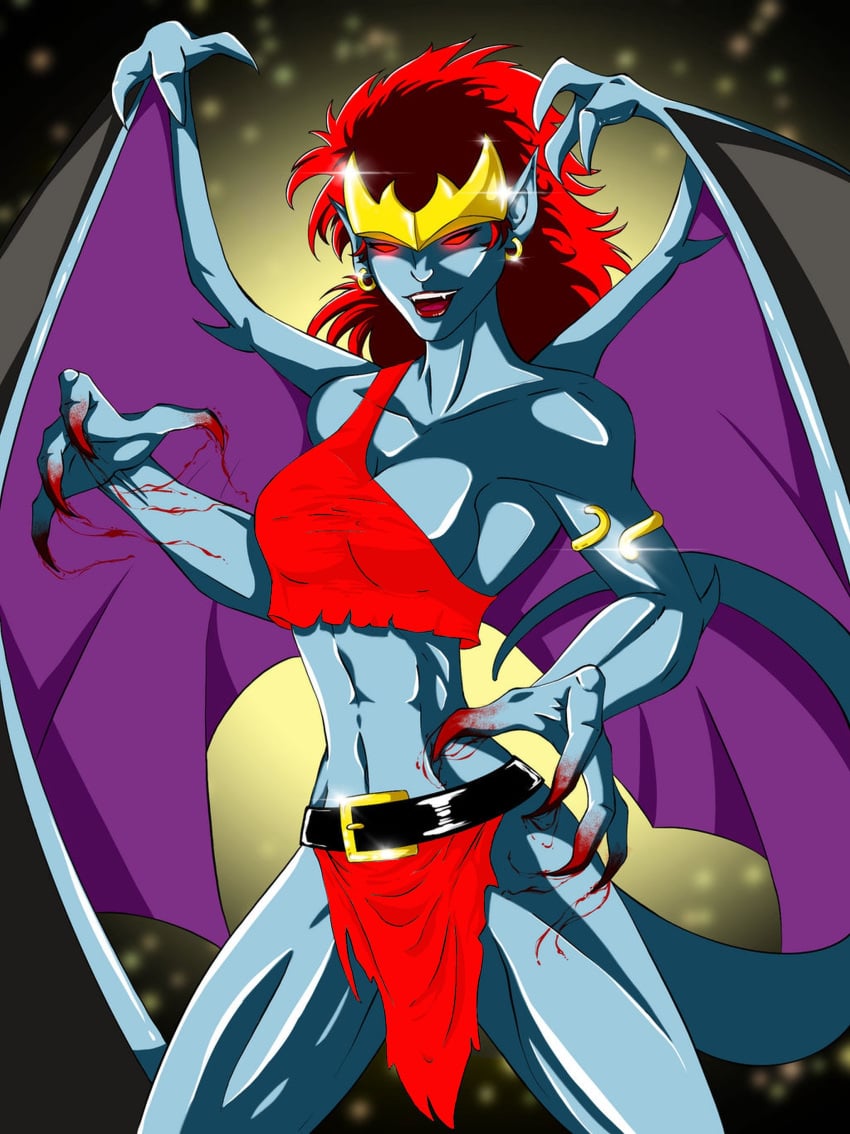 blood_stained_chest_cloth blood_stained_clothes blood_stained_loincloth blue_skin clawed_fingers demon_girl demona demona_(gargoyles) gargoyles human_blood_stained_cloths tail wings