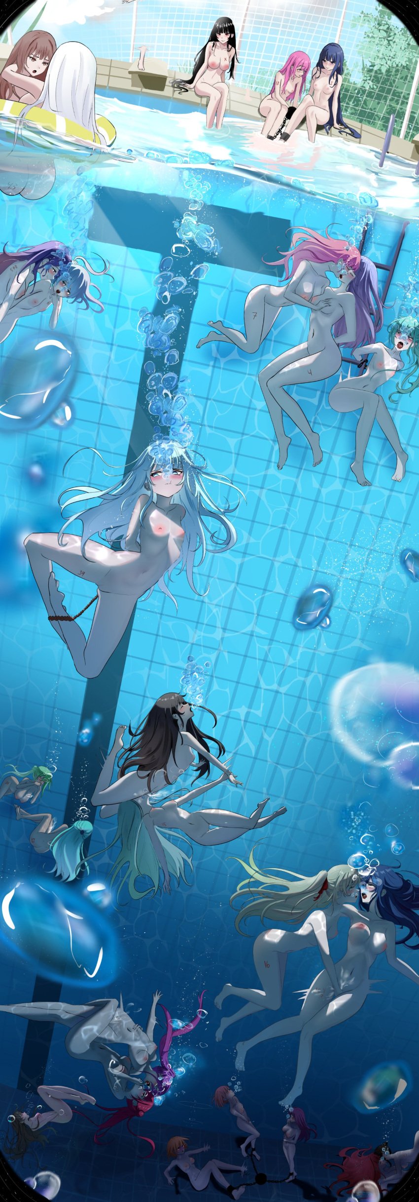 air_bubbles asphyxiation breath_play cum drowning girl girls marima666_(artist) masturbation medium_breasts multiple_girls naked nude pool pussy_juice small_breasts swimming_pool underwater yuri