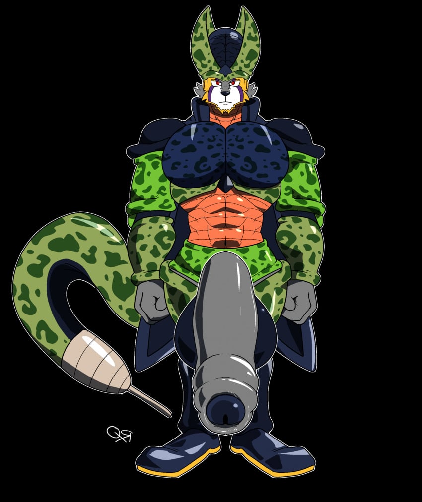 alien androx_(elliot-bloodcraft) anthro balls big_balls big_brain big_cranium big_penis black_background canid canine canis cell_(dragon_ball) digital_media_(artwork) dragon_ball foreskin genitals hi_res huge_cock hyper hyper_genitalia hyper_penis male mammal muscular muscular_male partially_retracted_foreskin penis red_eyes rxq simple_background solo stinger_tail tagme wolf