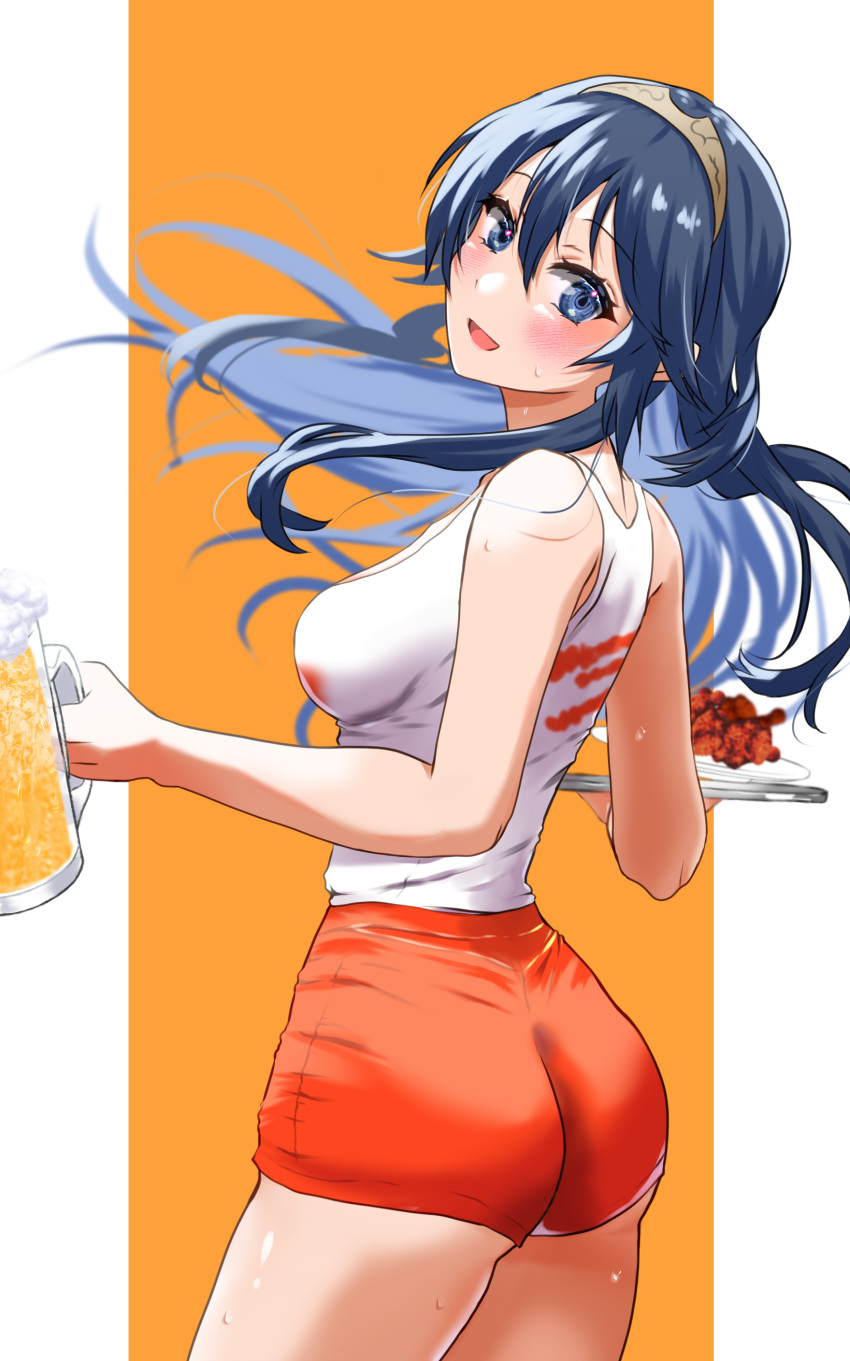 1girls :d absurdres alcohol alternate_costume ass beer beer_mug big_ass blue_eyes blue_hair breasts chicken_wing cup employee_uniform female female female_only fire_emblem fire_emblem_awakening food highres hooters hooters_uniform lucina_(fire_emblem) medium_breasts mu_tu_bu mug nintendo no_legwear open_mouth orange_shorts short_shorts shorts smile solo thighs tiara uniform waitress