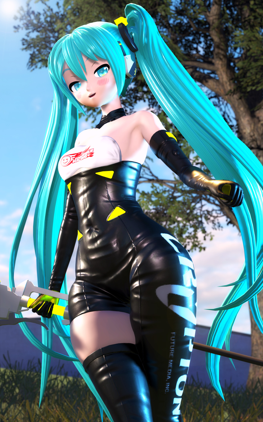 3d blue_eyes blue_hair blush bodysuit breasts clothed hatsune_miku long_gloves looking_at_viewer mikou_39 pov racing_miku thick_thighs twintails vocaloid