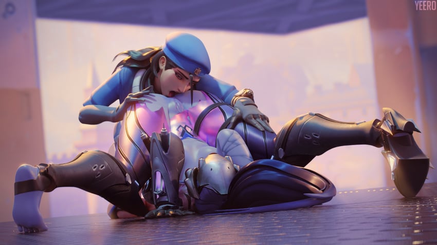 2girls 3d alternate_costume ana_amari anilingus beret blender captain_amari female female_only oral overwatch pussy rimjob rimming widowmaker yeero yuri