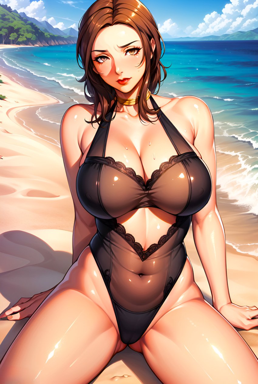 ai_generated beach big_breasts choker female junonboy kashiwagi_noriko legs mature mature_female mature_woman milf one-piece_swimsuit open_legs persona persona_4 spread_legs swimsuit teacher tropical