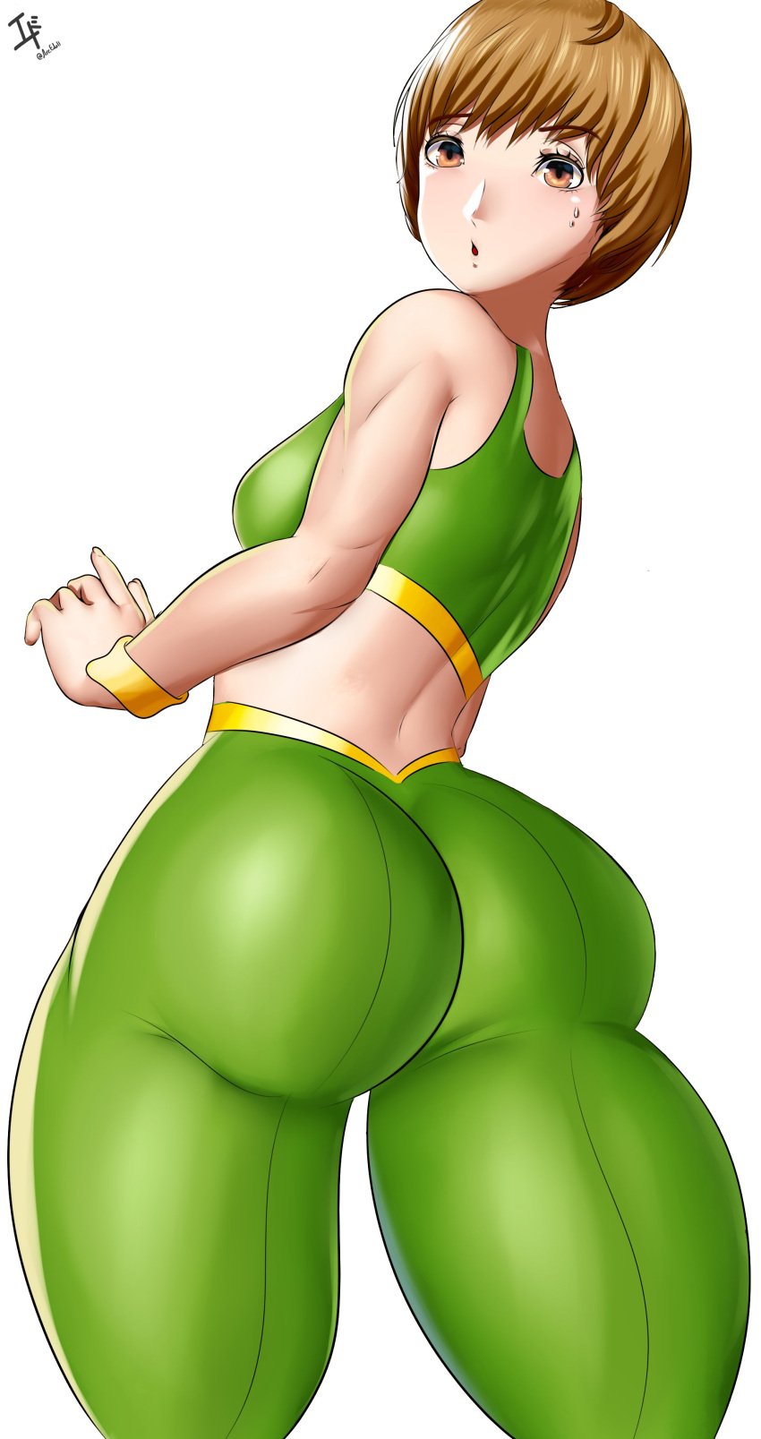 arc_edo11 ass atlus female female_only persona persona_4 satonaka_chie short_hair sideboob solo sports_bra yoga_pants