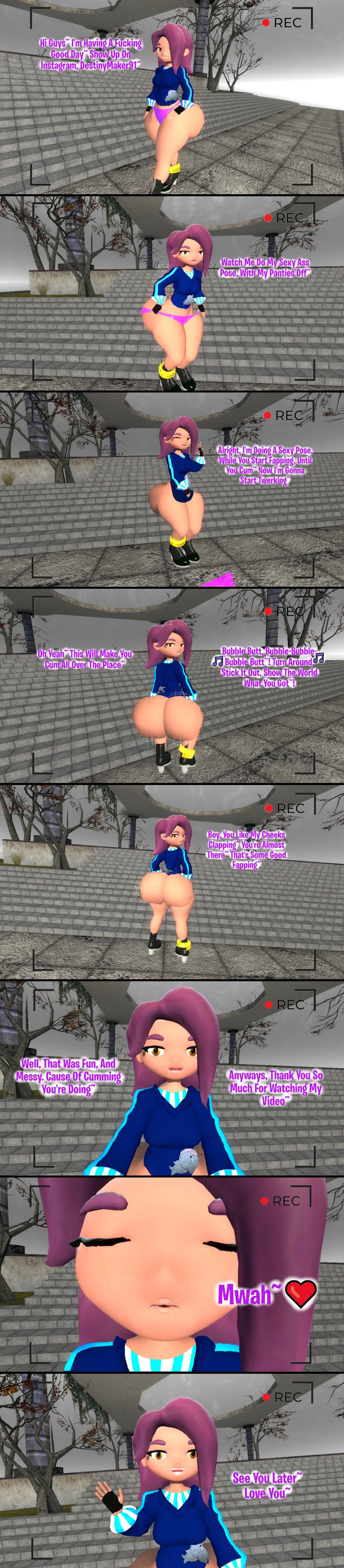 3d 3d_(artwork) ass_bigger_than_head ass_jiggling big_ass big_butt bubble_butt clapping_ass clapping_cheeks comic desti_(smg4) dialogue garry's_mod gmod kaibernation kissing kissing_viewer panties panties_off peace recording_video singing smg4 talking_to_viewer text tugging_clothing twerking twerking_at_viewer wide_ass wide_hips winking_at_viewer