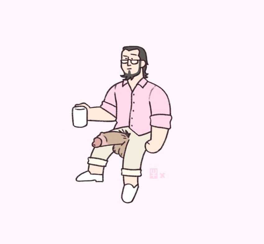 atlus beard bearded big_penis black_hair chibi chinstrap_beard coffee coffee_cup coffee_mug dark_penis exposed_penis facial_hair glasses holding_coffee_cup holding_coffee_mug holding_object khakis megami_tensei nxptuneboy penis persona persona_5 persona_5_royal pink_shirt sakura_sojiro sojiro_sakura solo_male wearing_glasses white_shoes