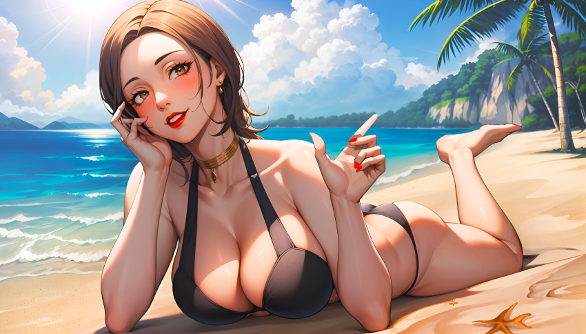 ai_generated ass beach big_breasts choker feet female hands junonboy kashiwagi_noriko laying_on_stomach legs mature mature_female mature_woman milf one-piece_swimsuit palms persona persona_4 swimsuit teacher toes tropical