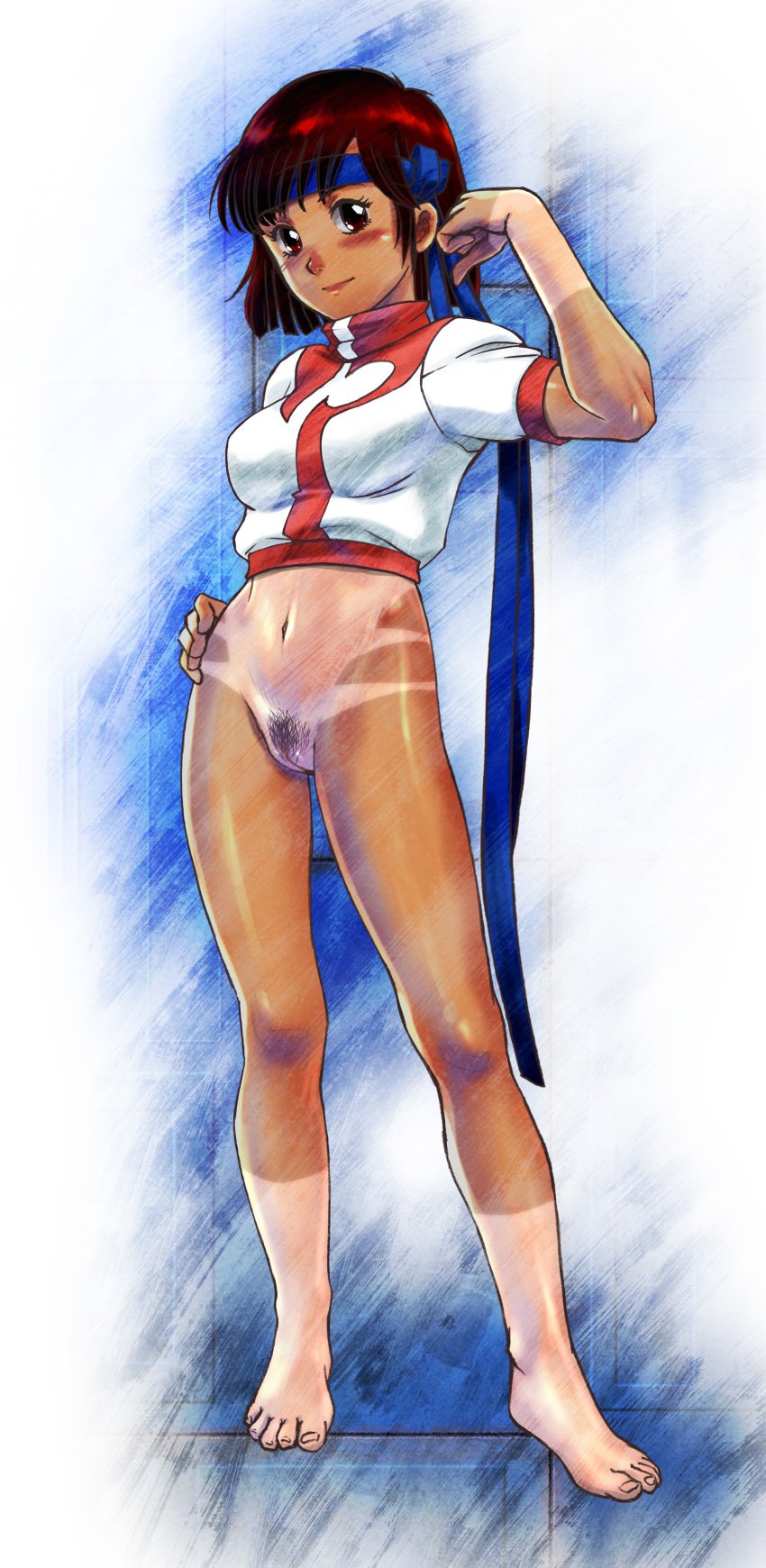 1980s_(style) absurdres arm_up barefoot blue_headband blush bottomless breasts brown_eyes brown_hair commentary_request female female_pubic_hair full_body gunbuster hachimaki hand_on_own_hip headband highres looking_at_viewer medium_breasts noriko_takaya one-piece_tan pubic_hair pussy retro_artstyle revealing_tanlines shirt short_hair short_sleeves single_vertical_stripe smile solo standing takaya_noriko tama-san_daioh tan tanlines toes top_wo_nerae! variant_set white_shirt