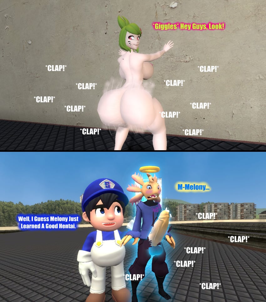 1girls 2boys 3d 3d_(artwork) axol_(smg4) balls big_ass_(female) blushing boner clapping_cheeks completely_nude completely_nude_female dialogue female garry&#039;s_mod ghost gmod halo heartbeat kaibernation male melony_(smg4) naked naked_female nude nude_female onomatopoeia pants_rip showing_ass smg4 smg4_(character) text throwing_it_back twerking