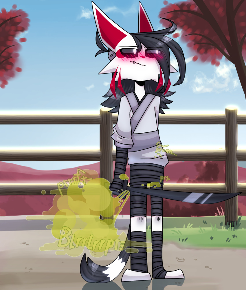 anthro black_eyes black_hair black_wraps embarrassed embarrassed_female fart fart_cloud fart_fetish farting female fox fox_tail gassy holding_ass katana kimono kitsune mask outside upset_stomach