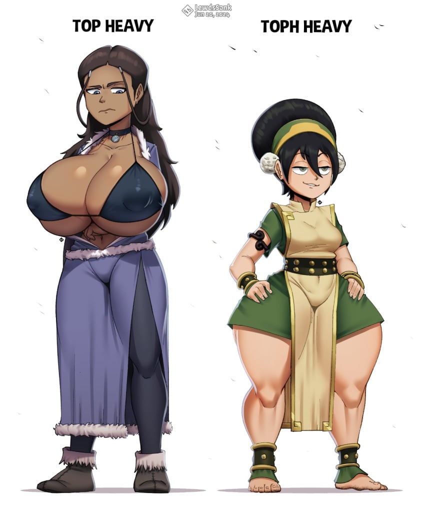 2girls arms_crossed arms_crossed_under_breasts ass ass_vs_breasts avatar_legends avatar_the_last_airbender big_ass big_breasts black_hair blind bottom_heavy bra breasts brown_hair bubble_butt busty clothing dark-skinned_female dark_skin earth_kingdom english_text fat_ass female female_only hands_on_hips huge_ass huge_breasts katara large_ass large_breasts lewdssonk light-skinned_female light_skin pun take_your_pick text thick_ass thick_thighs thunder_thighs top_heavy toph_bei_fong water_tribe white_background wide_hips