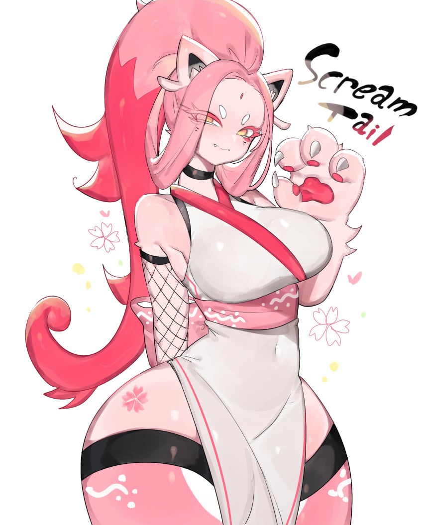 1girls anthro anthro_only anthrofied big_breasts choker claws clothed clothing dress english_text fang fang_out fangs female female_only fishnets generation_9_pokemon gloves half-closed_eyes hi_res high_ponytail legwear long_hair looking_at_viewer nintendo paradox_pokemon pawpads paws pink_body pink_hair pink_skin pokémon_(species) pokemon pokemon_(species) pokemon_sv red_hair robe scream_tail simple_background smile smiling smiling_at_viewer solo tattoo text thick_thighs toge77789 togetoge white_background wide_hips yellow_eyes