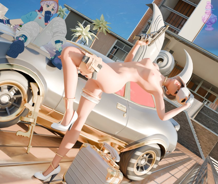 3d antonia_(fortnite) blender dramatic_pose exhibitionism female fortnite haziest_mirage high_heels holding_gun holding_mask holster leg_band mae_(fortnite) nude posing small_breasts